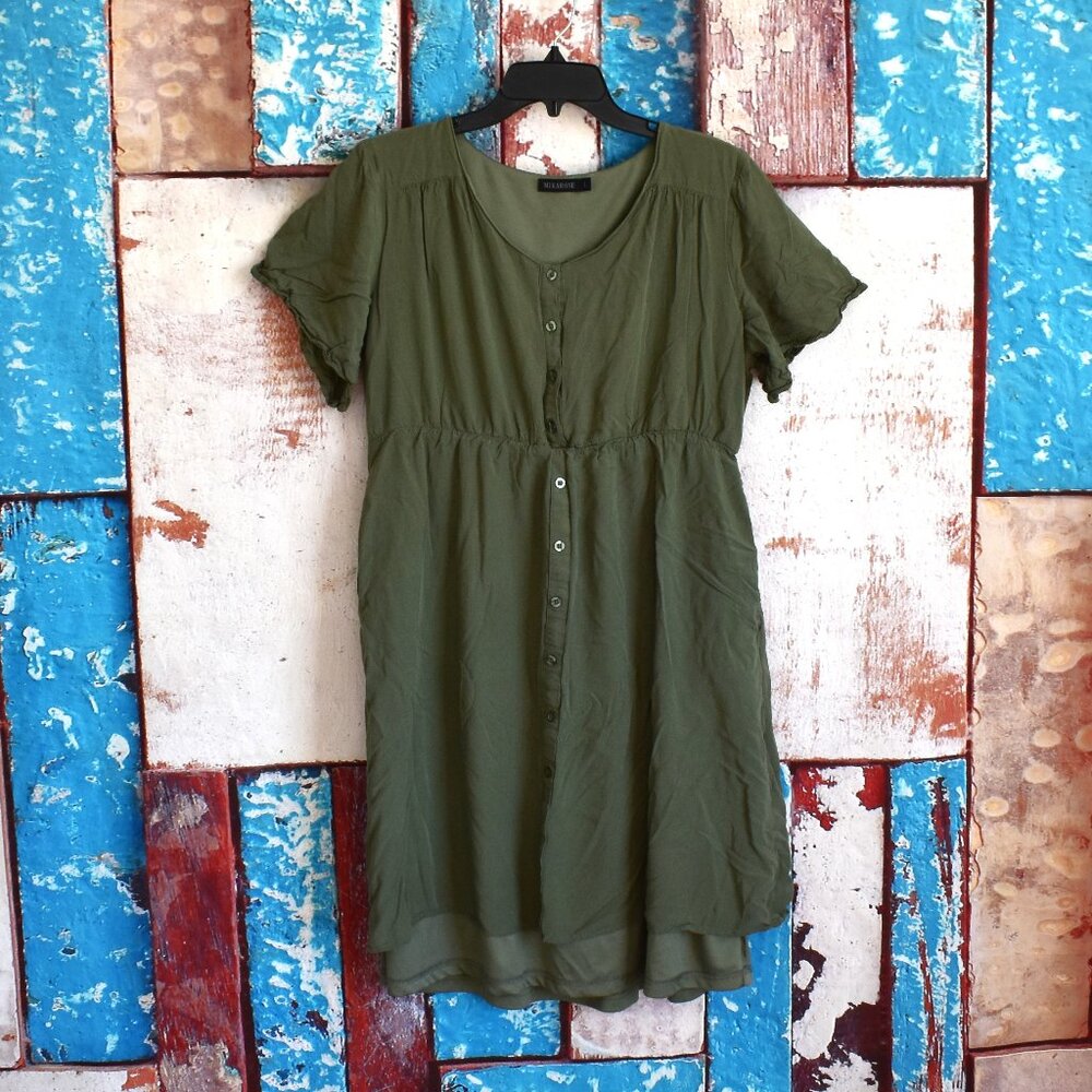 Women's Mikarose Dress Short Sleeve Button Closure Casual LARGE Green